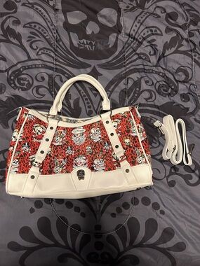 Ed Hardy Red & Cream Skull Print Satchel with Detachable Strap